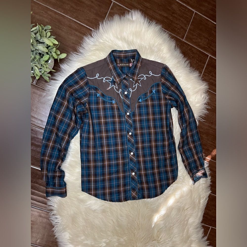 Roper pearl snap brown and turquoise button down sz XL (14)